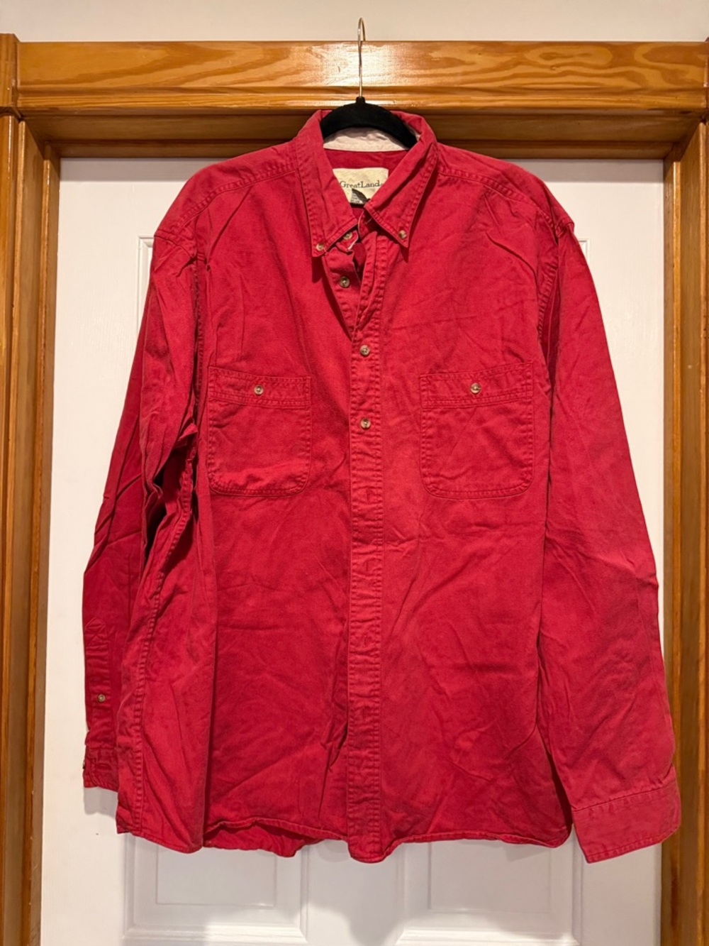 Casual Red Button-Down Shirt with Chest Pockets